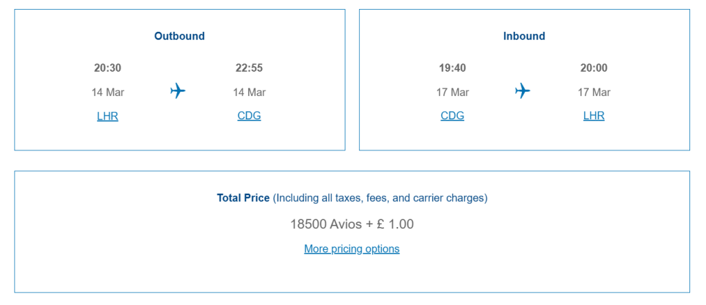 Points required to fly to Paris in Economy with British Airways